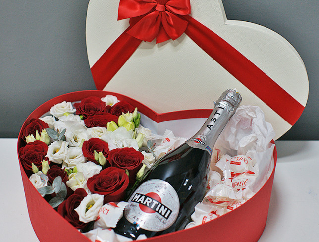 Heart-shaped Box with Red Roses and Asti Martini photo